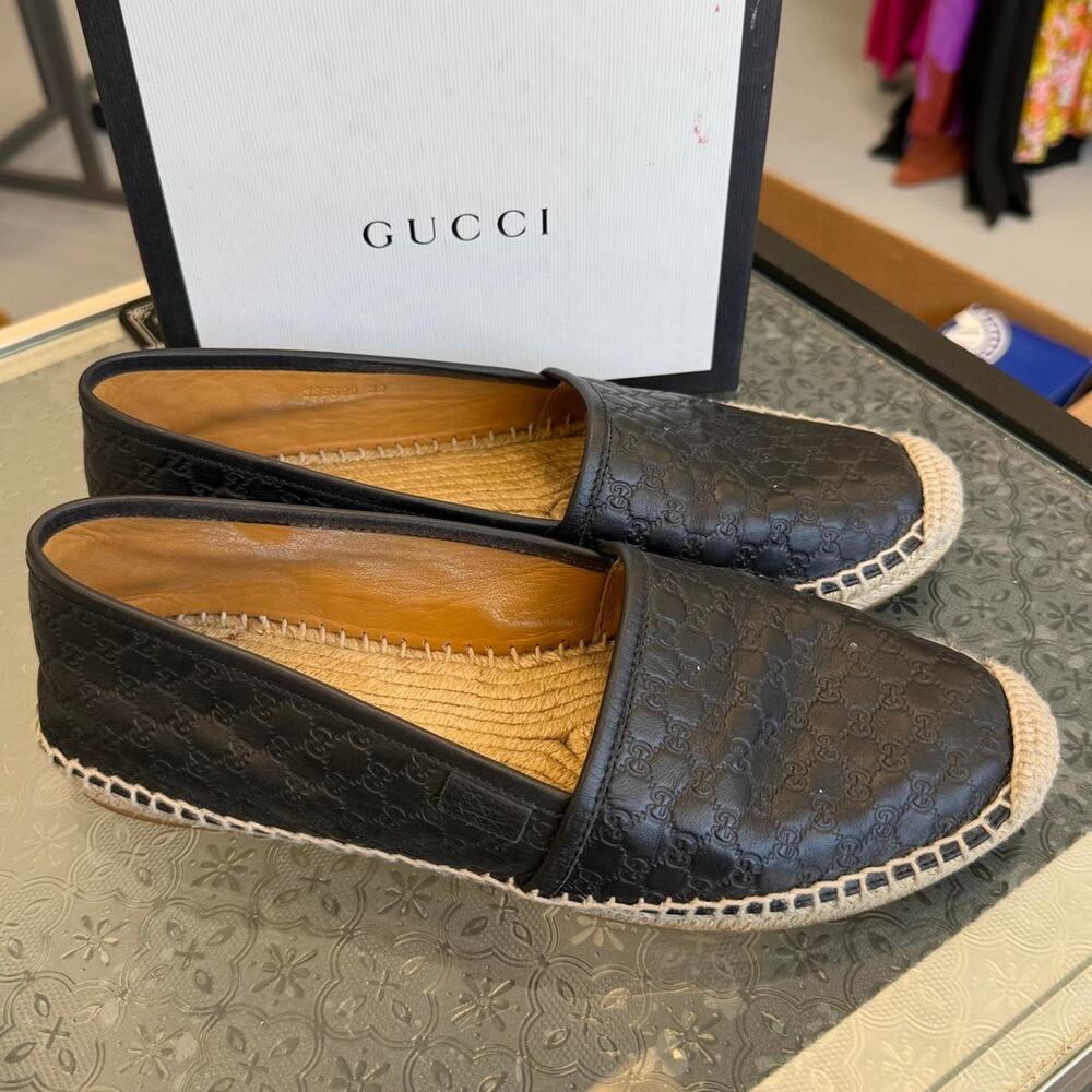 Gucci Black Leather Monogram Loafers EU 39 US 8.5